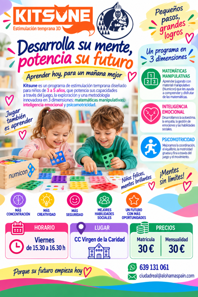 Cartel de Kitsune, estimulación temprana 3D en el Colegio Virgen de la Caridad: viernes de 15:30 a 16:30 h, de 3 a 5 años