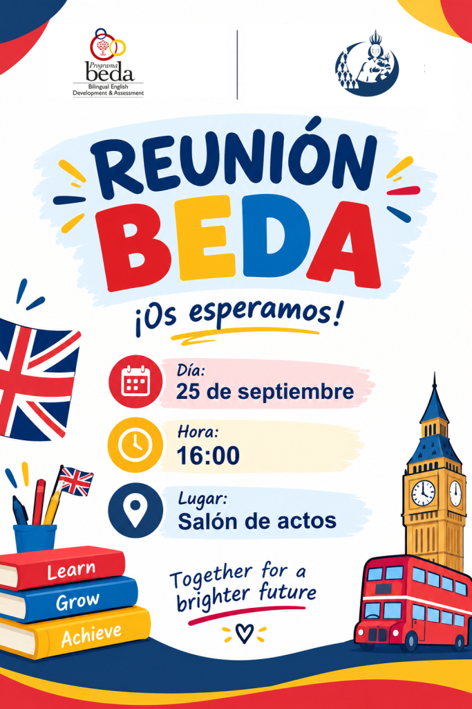 Cartel de la reunión informativa del Programa BEDA: 25 de septiembre a las 16:00 en el salón de actos del Colegio Virgen de la Caridad