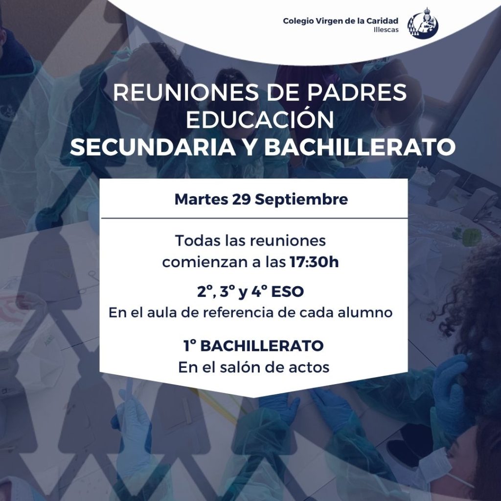Cartel de las reuniones de padres de ESO y Bachillerato del martes 29 de septiembre a las 17:30 en el Colegio Virgen de la Caridad
