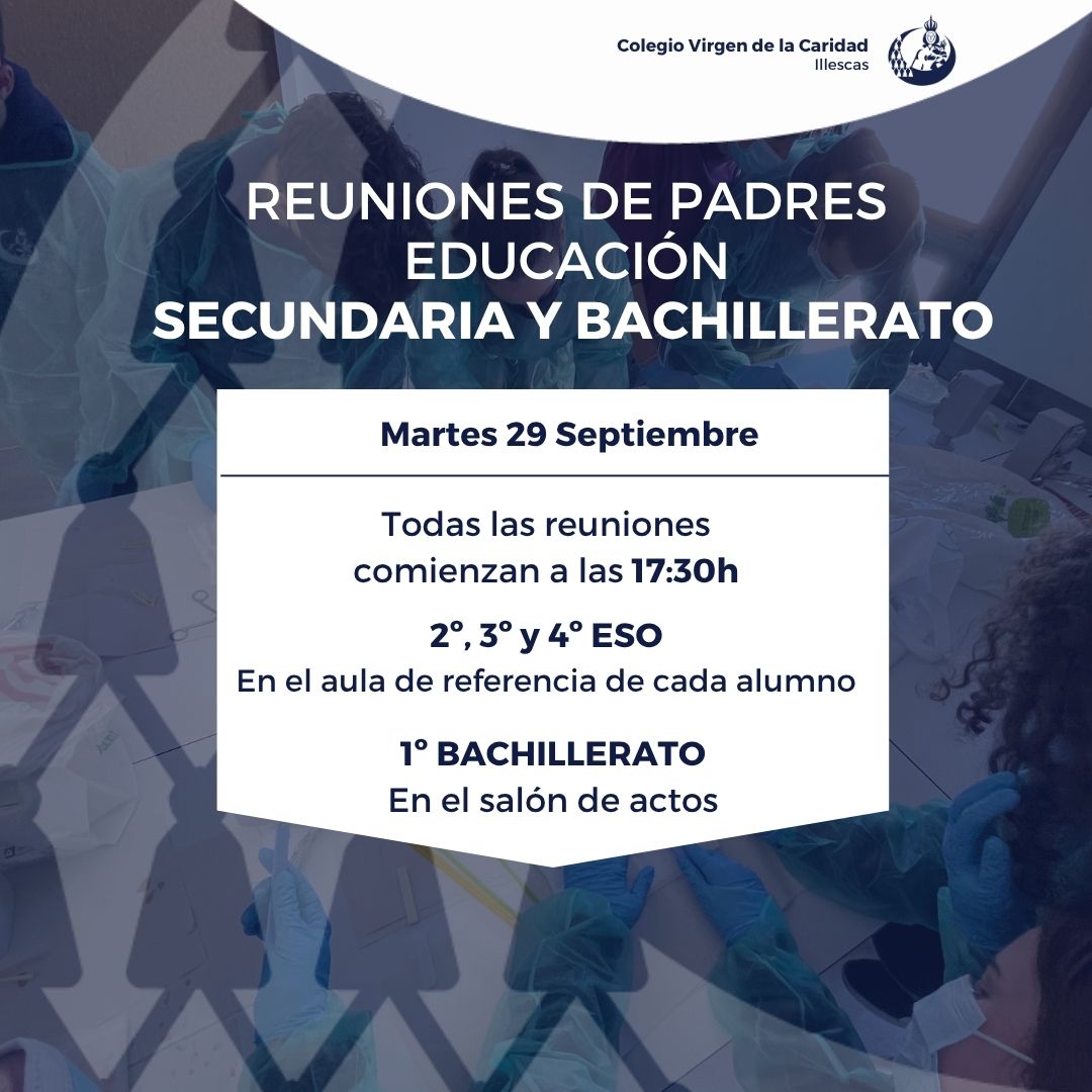 Cartel de las reuniones de padres de ESO y Bachillerato del martes 29 de septiembre a las 17:30 en el Colegio Virgen de la Caridad
