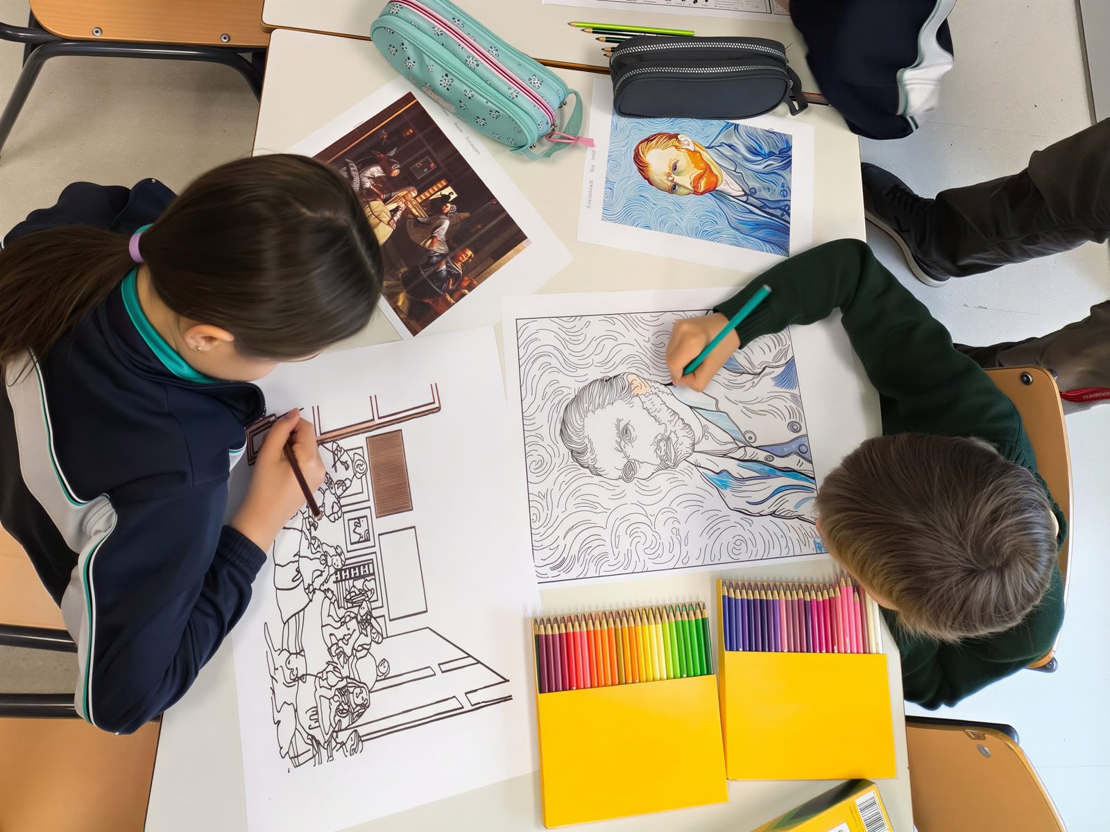 Alumnas de Primaria trabajando láminas de arte en el aula